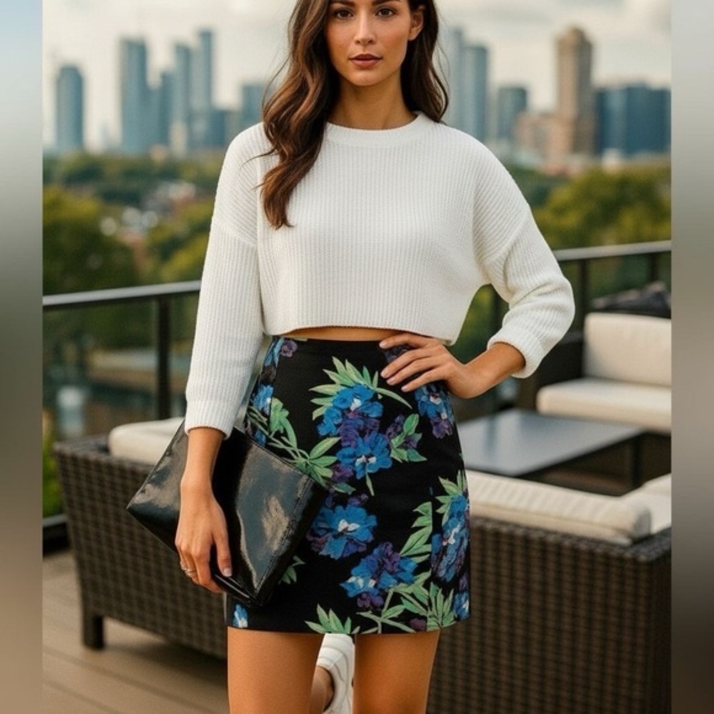 ELIZABETH & JAMES Neoprene Dark Floral Feminine Bodycon Scuba Mini Skirt Sz: S